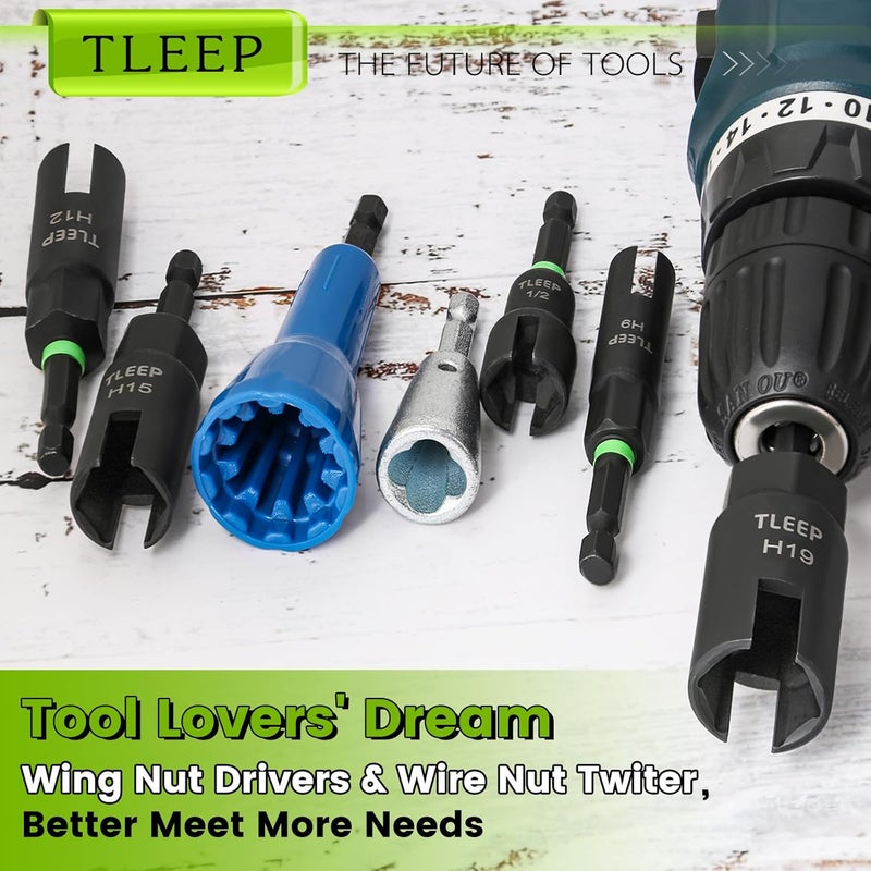 TLEEP Wing Nut Driver 1/2" 9mm 12mm 15mm 19mm and Wire Nut Twister, 1/4" Hex Nut Driver Set for Impact Drill, Hurricane Shutter Hardware for Panel Nuts Screws Bolt Eye C Hook Q-Hanger Wire Twisting - Image 2